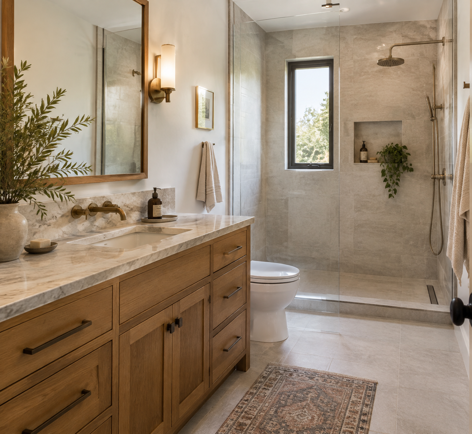 Finished modern bathroom with a walk-in tile shower